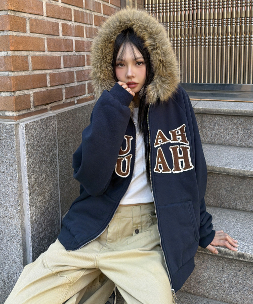 APPLIQUE RAGLAN FUR HOOD ZIPUP [NAVY]