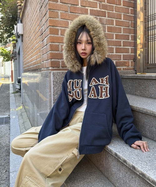 APPLIQUE RAGLAN FUR HOOD ZIPUP [NAVY]