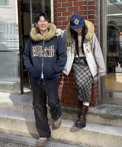 APPLIQUE RAGLAN FUR HOOD ZIPUP [NAVY]