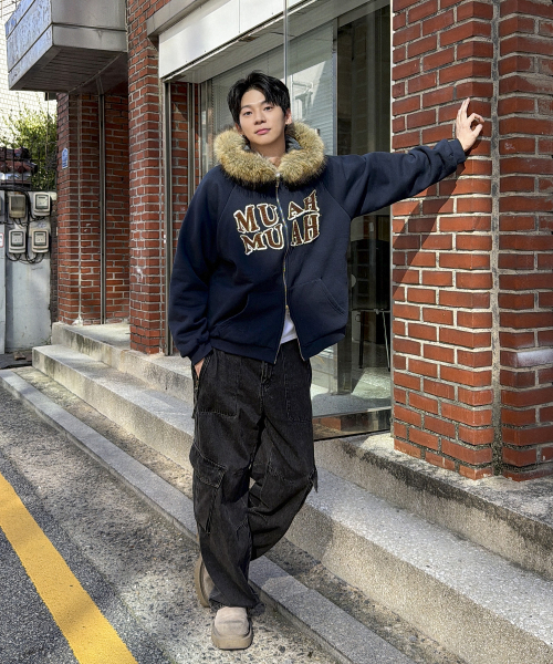 APPLIQUE RAGLAN FUR HOOD ZIPUP [NAVY]