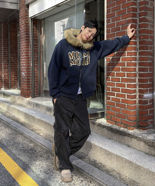 APPLIQUE RAGLAN FUR HOOD ZIPUP [NAVY]