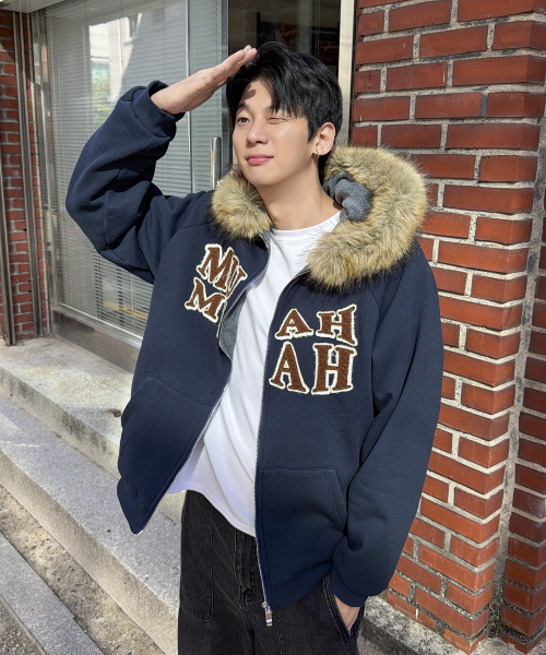 APPLIQUE RAGLAN FUR HOOD ZIPUP [NAVY]