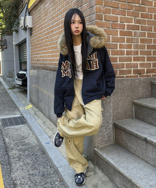 APPLIQUE RAGLAN FUR HOOD ZIPUP [NAVY]