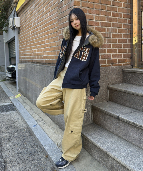 APPLIQUE RAGLAN FUR HOOD ZIPUP [NAVY]