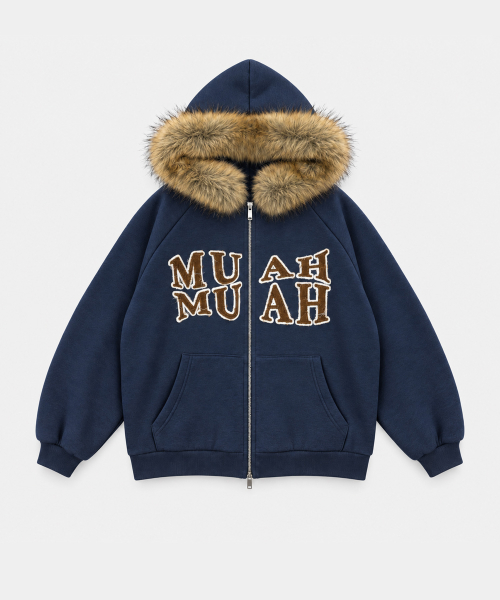 APPLIQUE RAGLAN FUR HOOD ZIPUP [NAVY]