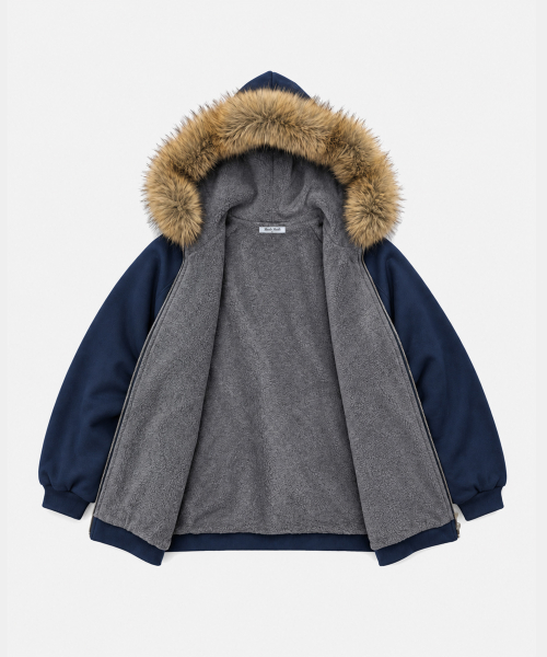 APPLIQUE RAGLAN FUR HOOD ZIPUP [NAVY]