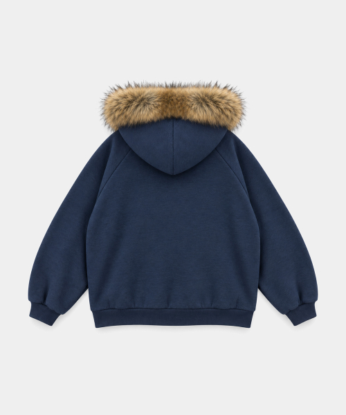APPLIQUE RAGLAN FUR HOOD ZIPUP [NAVY]