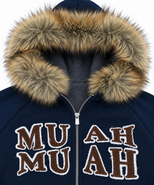 APPLIQUE RAGLAN FUR HOOD ZIPUP [NAVY]