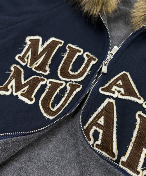APPLIQUE RAGLAN FUR HOOD ZIPUP [NAVY]
