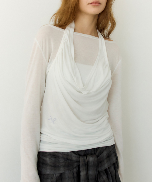 Halter Layered Ruched Tee (WHITE)