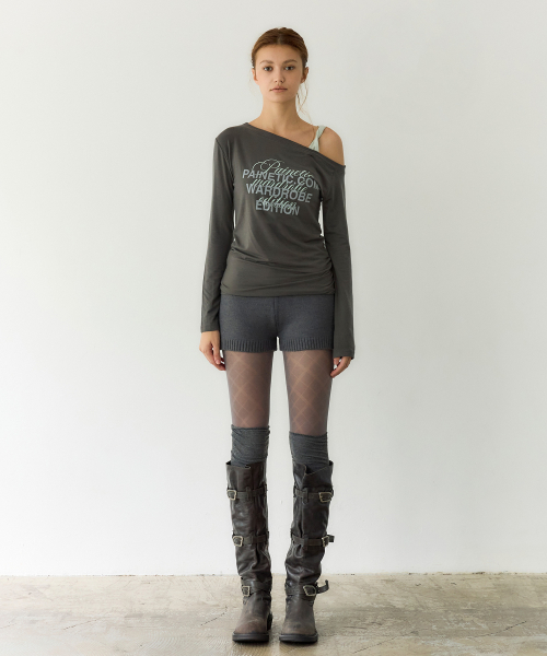 Twist Contrast One-Shoulder Tee (CHARCOAL)