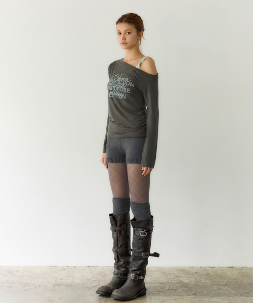 Twist Contrast One-Shoulder Tee (CHARCOAL)