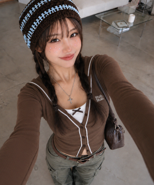 LACE POINT DOUBLE HOOD CARDIGAN [BROWN]