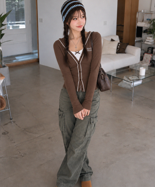 LACE POINT DOUBLE HOOD CARDIGAN [BROWN]