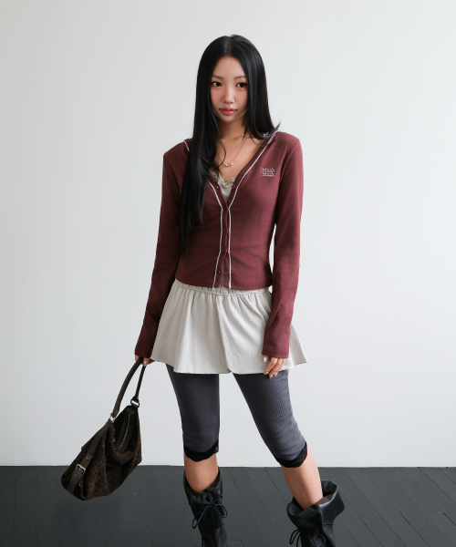 LACE POINT DOUBLE HOOD CARDIGAN [BURGUNDY]