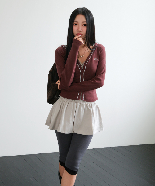 LACE POINT DOUBLE HOOD CARDIGAN [BURGUNDY]