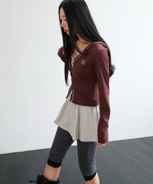 LACE POINT DOUBLE HOOD CARDIGAN [BURGUNDY]