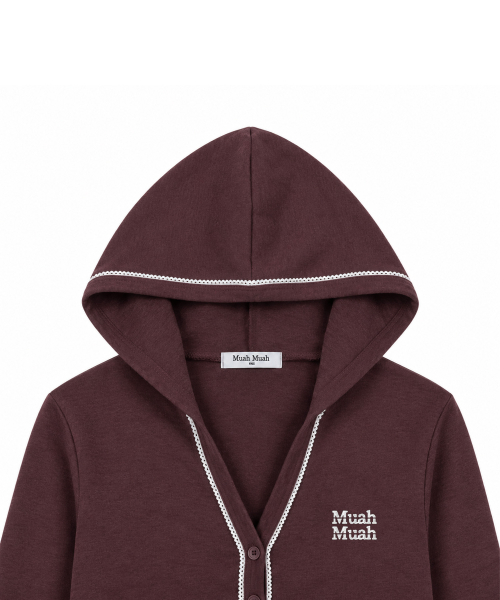 LACE POINT DOUBLE HOOD CARDIGAN [BURGUNDY]
