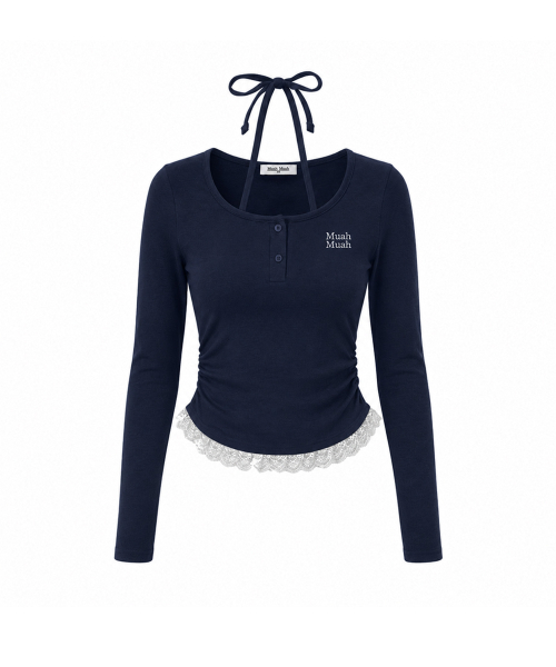 LACE CONTRAST HALTERNECK T-SHIRT [NAVY]