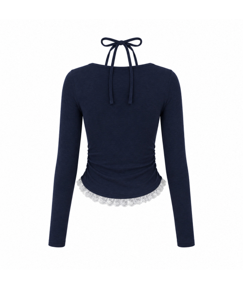 LACE CONTRAST HALTERNECK T-SHIRT [NAVY]