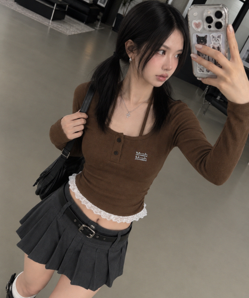 LACE CONTRAST HALTERNECK T-SHIRT [BROWN]