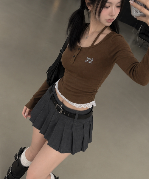 LACE CONTRAST HALTERNECK T-SHIRT [BROWN]