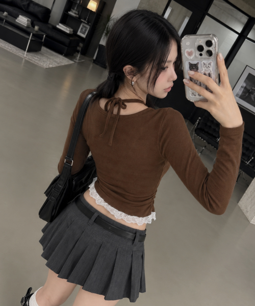 LACE CONTRAST HALTERNECK T-SHIRT [BROWN]