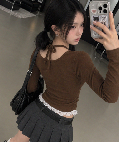 LACE CONTRAST HALTERNECK T-SHIRT [BROWN]