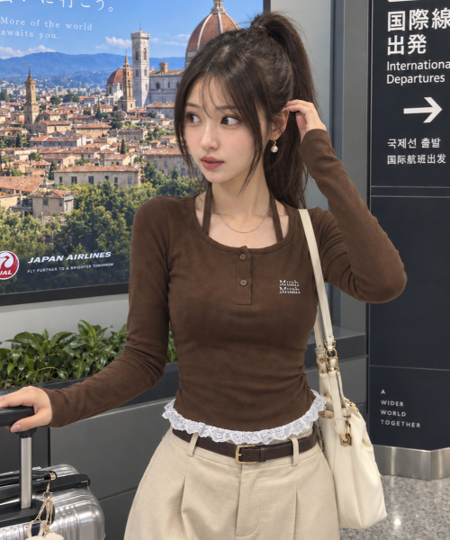 LACE CONTRAST HALTERNECK T-SHIRT [BROWN]