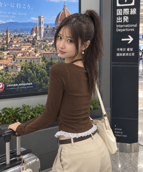 LACE CONTRAST HALTERNECK T-SHIRT [BROWN]