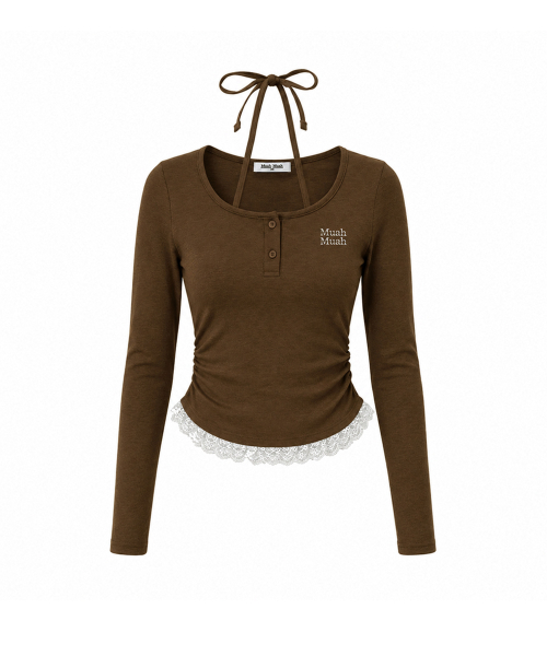 LACE CONTRAST HALTERNECK T-SHIRT [BROWN]