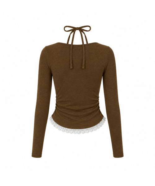LACE CONTRAST HALTERNECK T-SHIRT [BROWN]