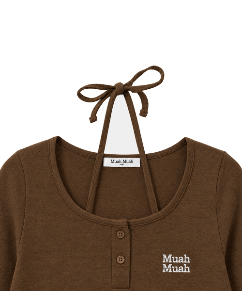 LACE CONTRAST HALTERNECK T-SHIRT [BROWN]