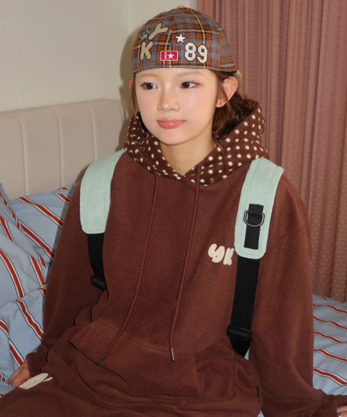 도트 블록 패치 플리스 후드 브라운