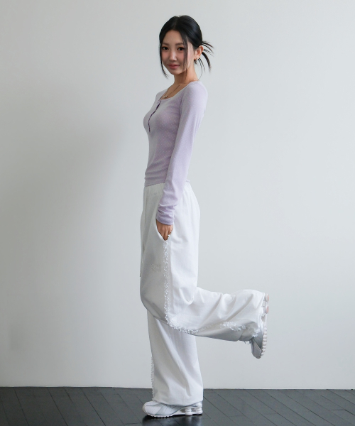 LACE BAND WIDE BANDING PANTS [WHITE]