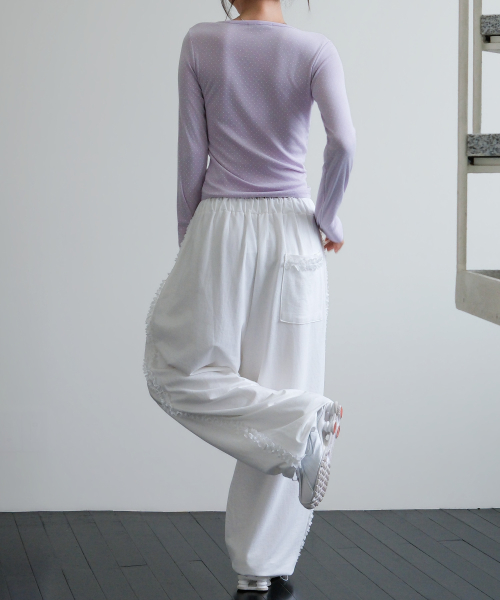 LACE BAND WIDE BANDING PANTS [WHITE]