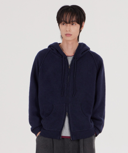Unisex Two-Way Knit Hood Zip Up Navy