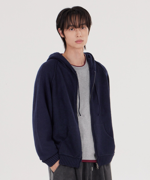 Unisex Two-Way Knit Hood Zip Up Navy
