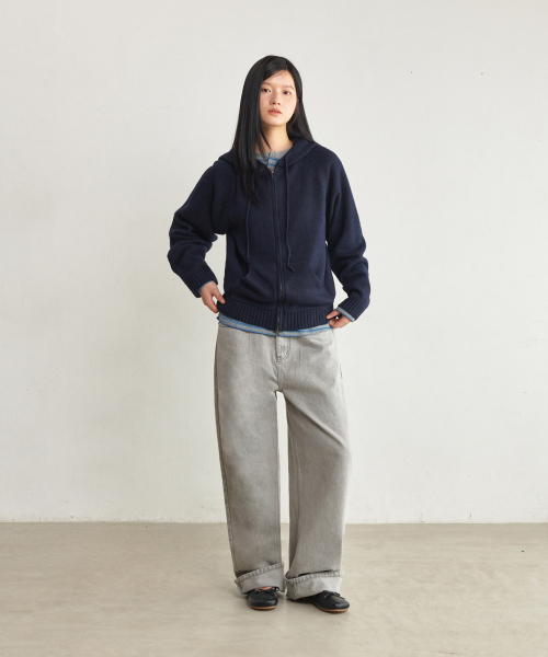 Unisex Two-Way Knit Hood Zip Up Navy