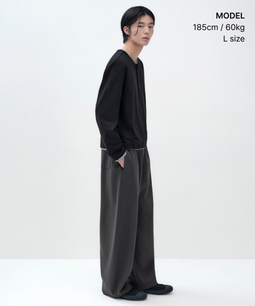 레이어드 헴 헨리 넥 크롭 긴소매 티셔츠 [블랙]
