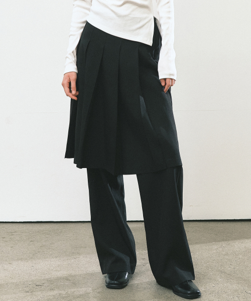 PLEATED LAYERED SKIRT PANTS_BLACK