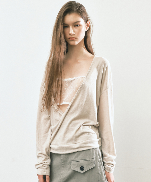 DEEP WRAP V-NECK LONG SLEEVE TOP_BEIGE