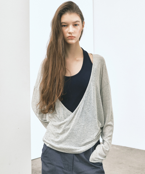 DEEP WRAP V-NECK LONG SLEEVE TOP_MELANGE
