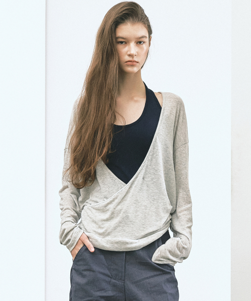 DEEP WRAP V-NECK LONG SLEEVE TOP_MELANGE