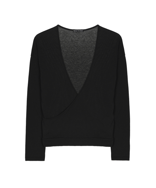 DEEP WRAP V-NECK LONG SLEEVE TOP_BLACK