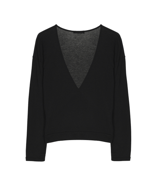 DEEP WRAP V-NECK LONG SLEEVE TOP_BLACK