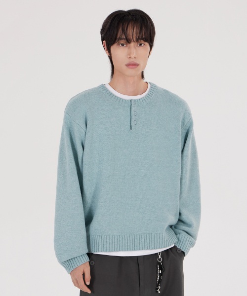 Unisex Oversized Button Henley-Neck Knit Mint
