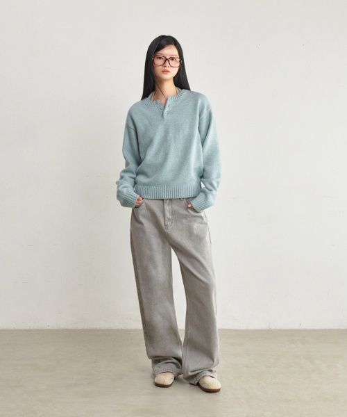 Unisex Oversized Button Henley-Neck Knit Mint