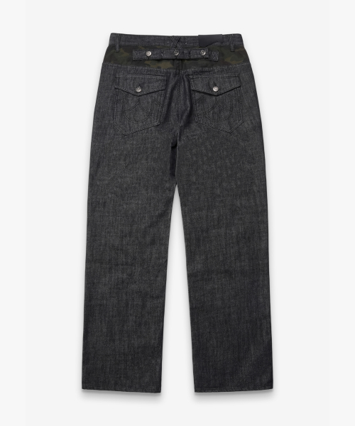 Cinch Back Camo Paneled Denim Pants BLACK