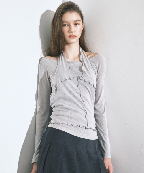 HALTER LAYERED SLEEVE TOP_LIGHT GRAY
